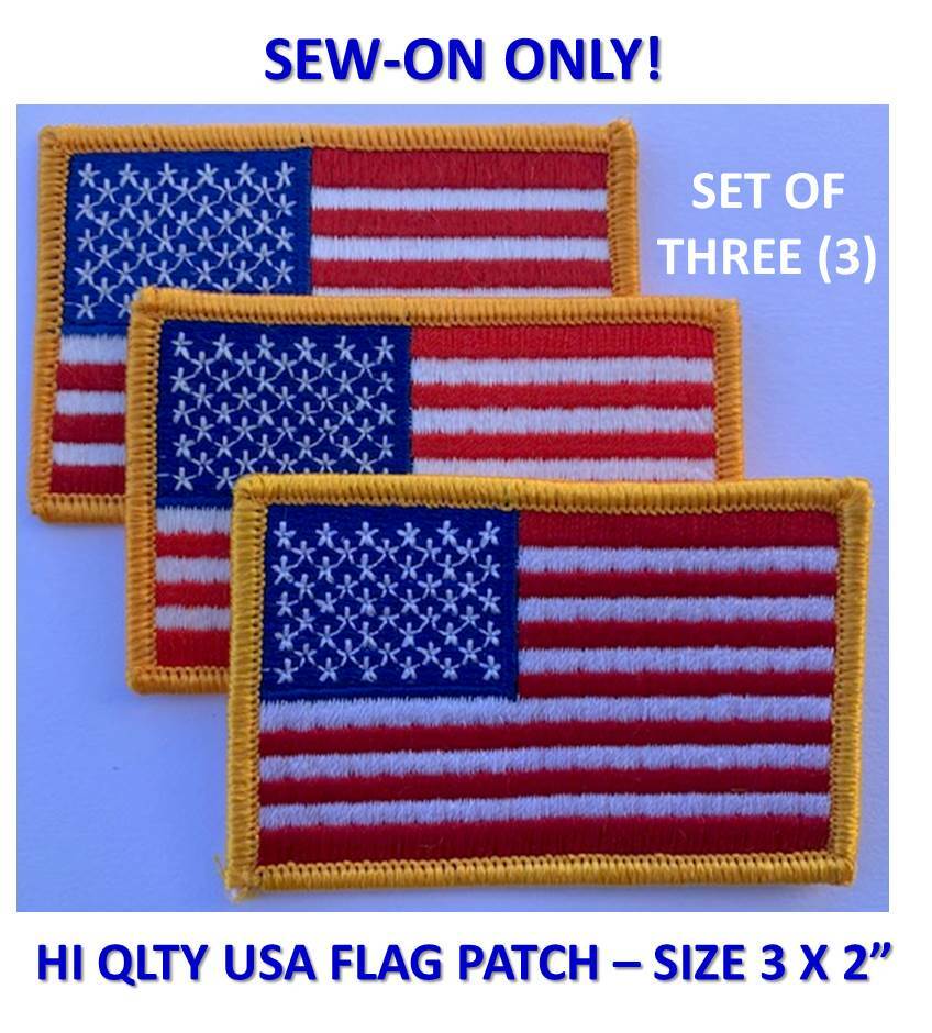 (SET OF 3) SEW-ON ONLY - USA AMERICAN FLAG EMBROIDERED PATCH GOLD BORDER (3x2”)