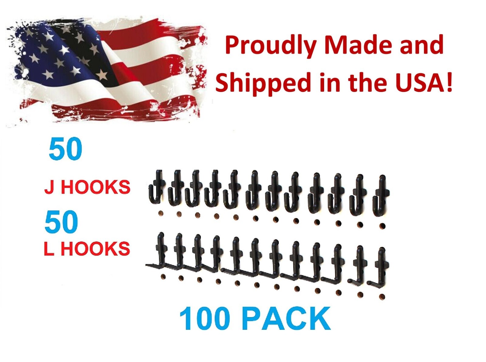 Plastic Black Pegboard Wall Locking Hooks 50 J & 50 L Pack PEGBOARD NOT INCLUDED
