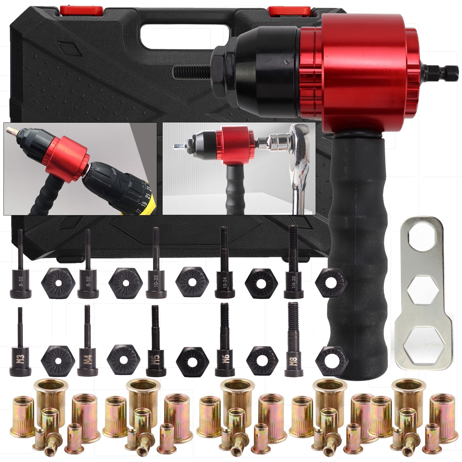Pneumatic Drill Rivet Nut Gun Adapter Riveter Rivnut 1/4" Capacity 10 Mandrels