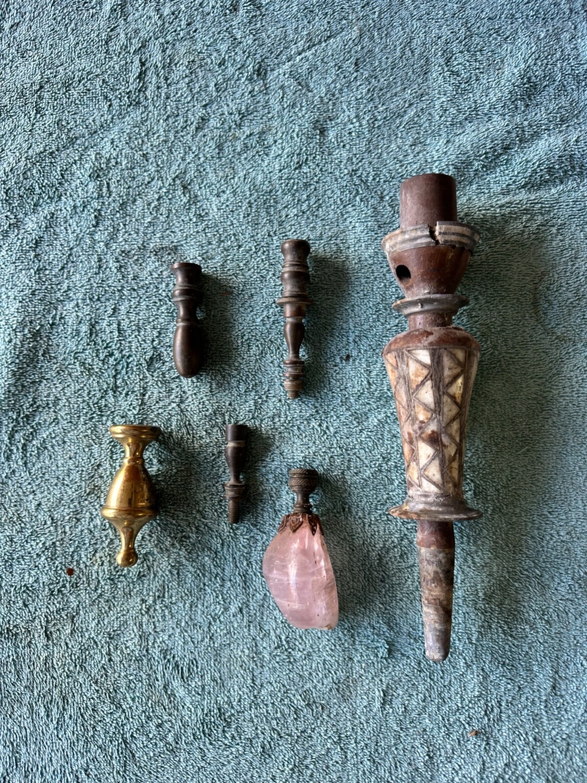 Lot of 6 Ornate Brass Finials Crystal Golden Wooden Mother of Pearl Insert VTG