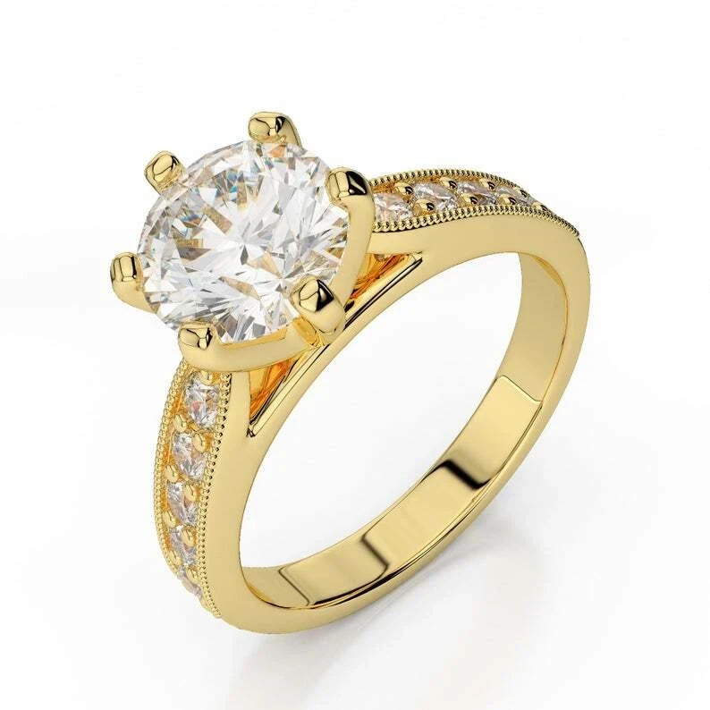 Lab-Created 2.10 Ct Round Cut VVS1 Diamond Wedding Ring 14K Yellow Gold FN