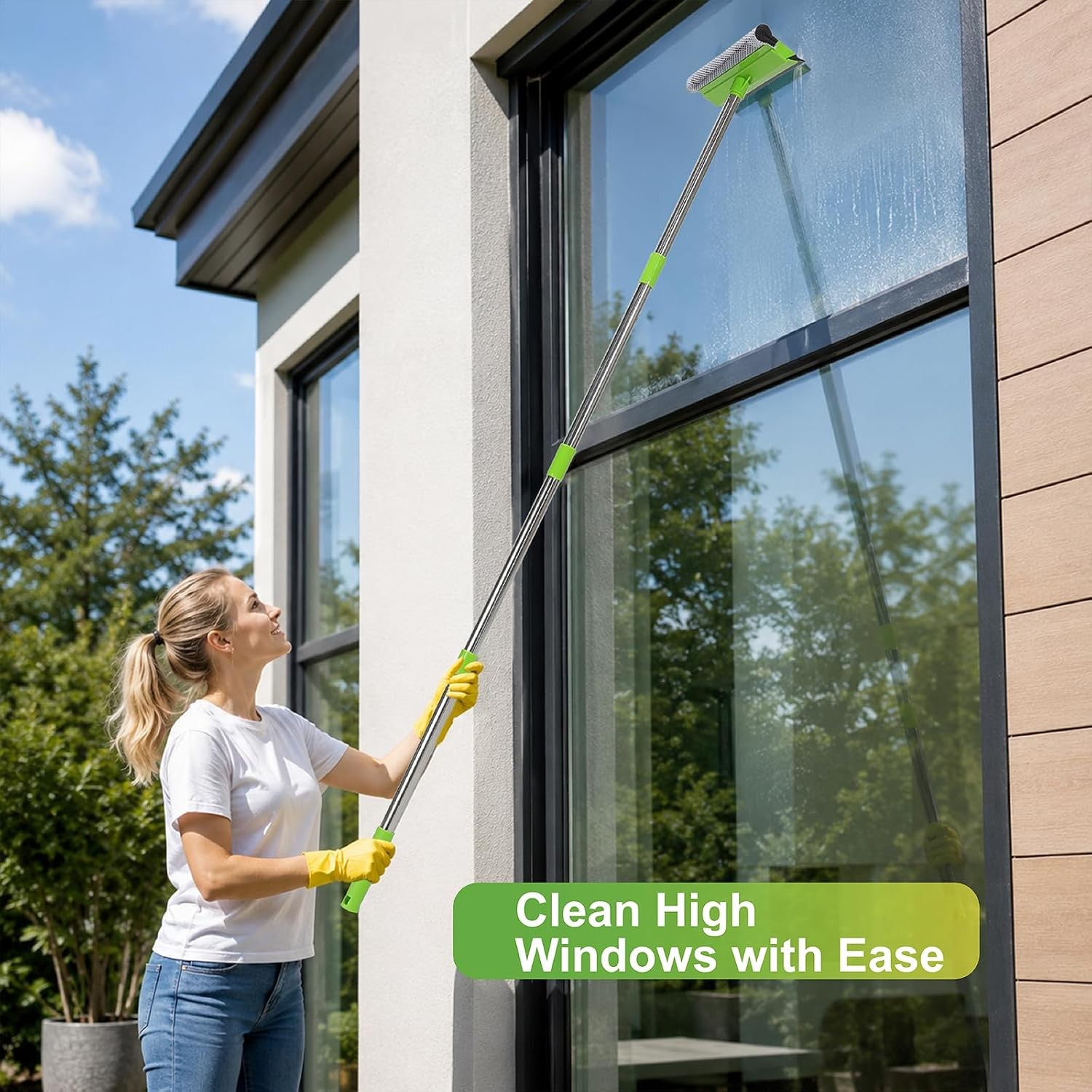 2 in 1 Window Squeegee with 55" Long Stainless Steel Handle,Sponge Car Squeegee