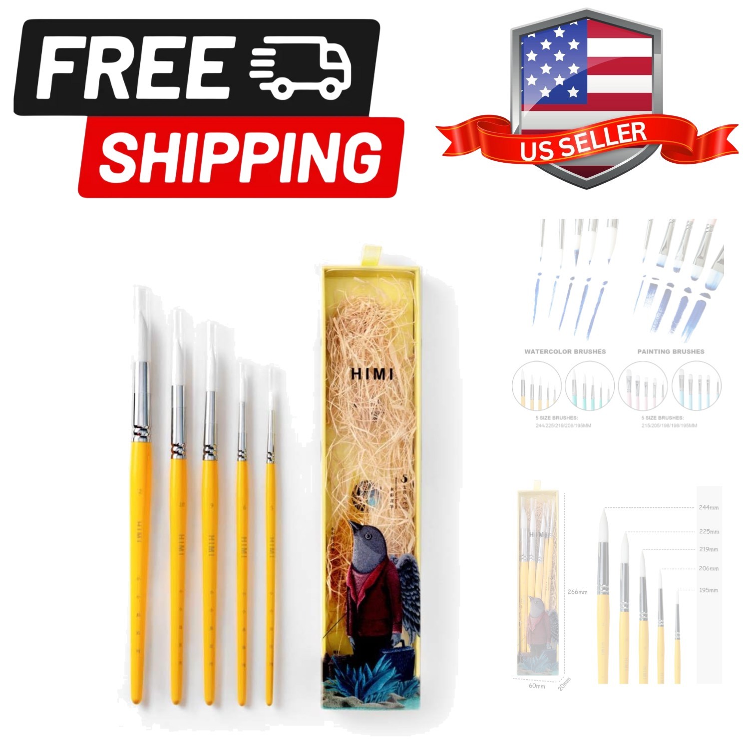 Little Bird Paint Brushes Set 5 Pcs for Watercolors Paint，Set of 5 Watercolor...