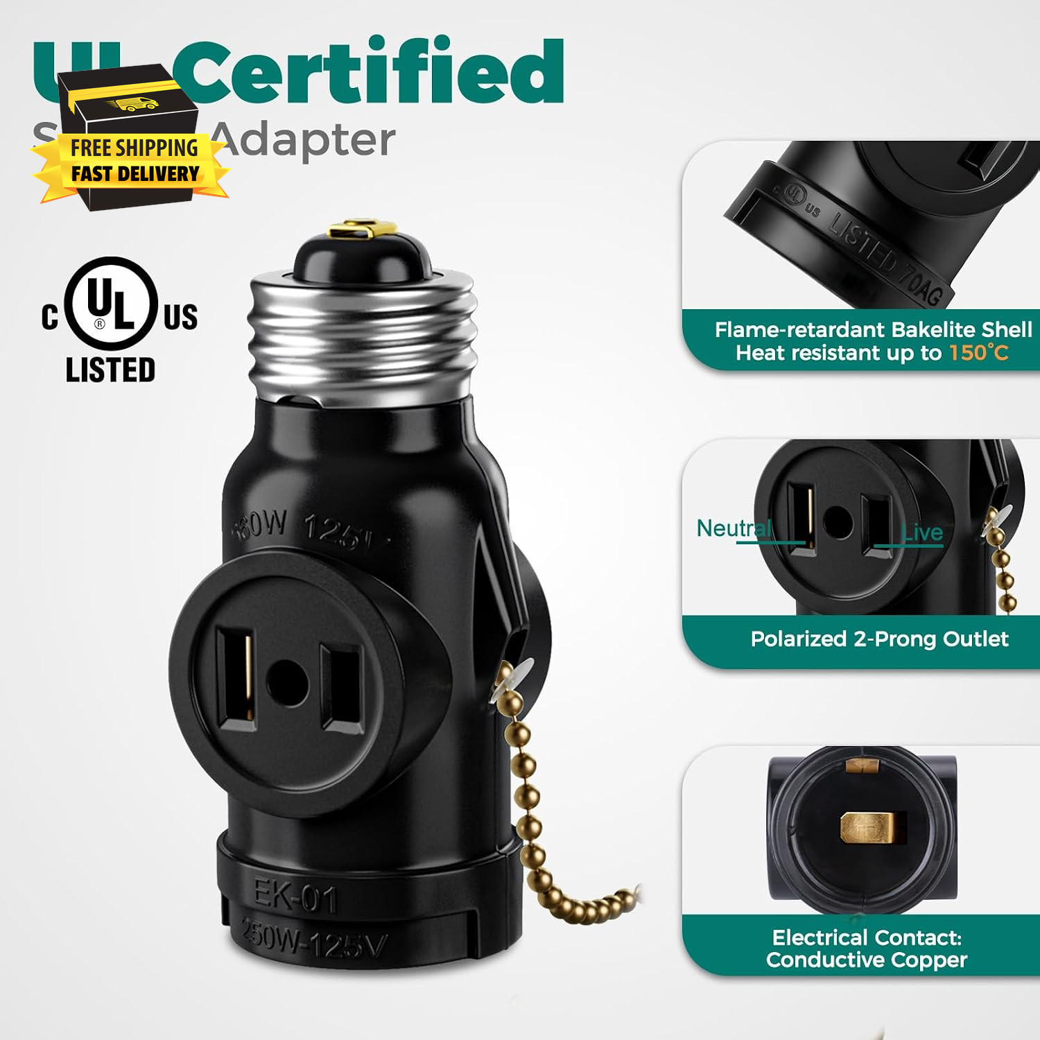 UL Listed E26 to 2 Polarized Outlet Socket Adapter, Pull Chain Switch Control Li