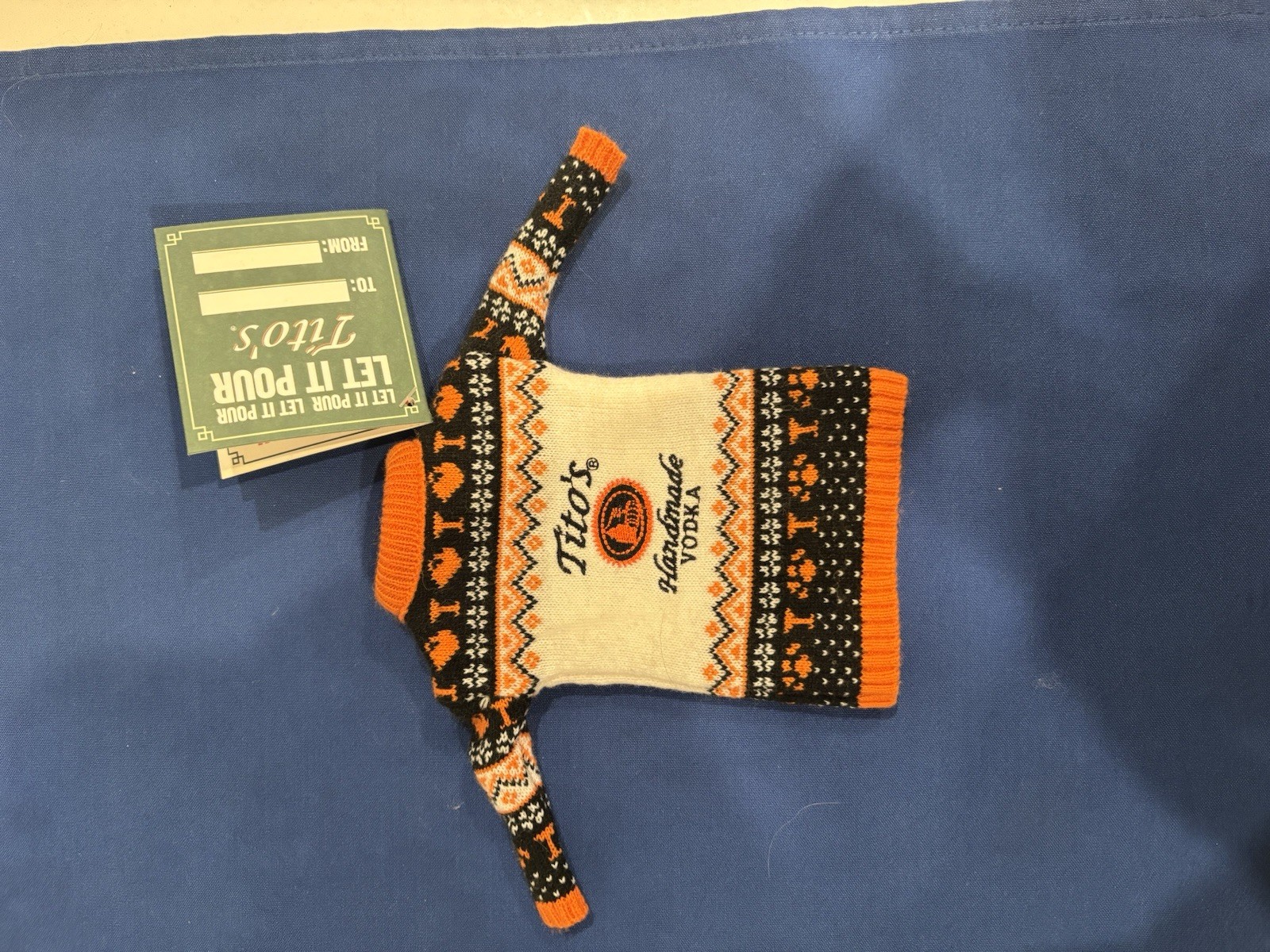 Tito's Handmade Vodka Bottle Sweater TO FROM Gift Tag Christmas Holiday NEW