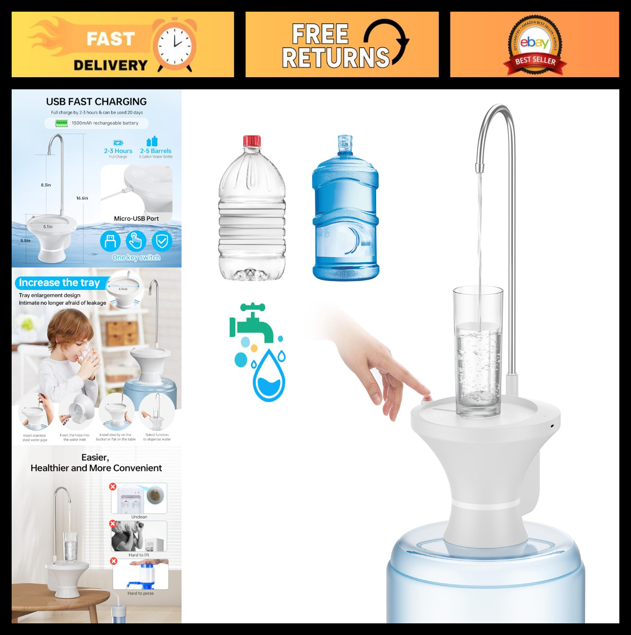 Electric Water Dispenser Pump for 5 Gallon Bottles, USB Rechargeable, Home & Cam