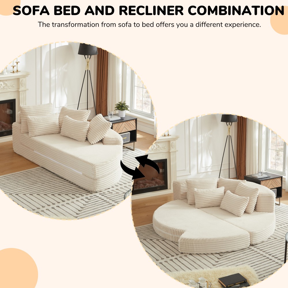 78.5" Corduroy Semi-Circular Sofa Bed w/ Neck Pillow & Throw Pillows
