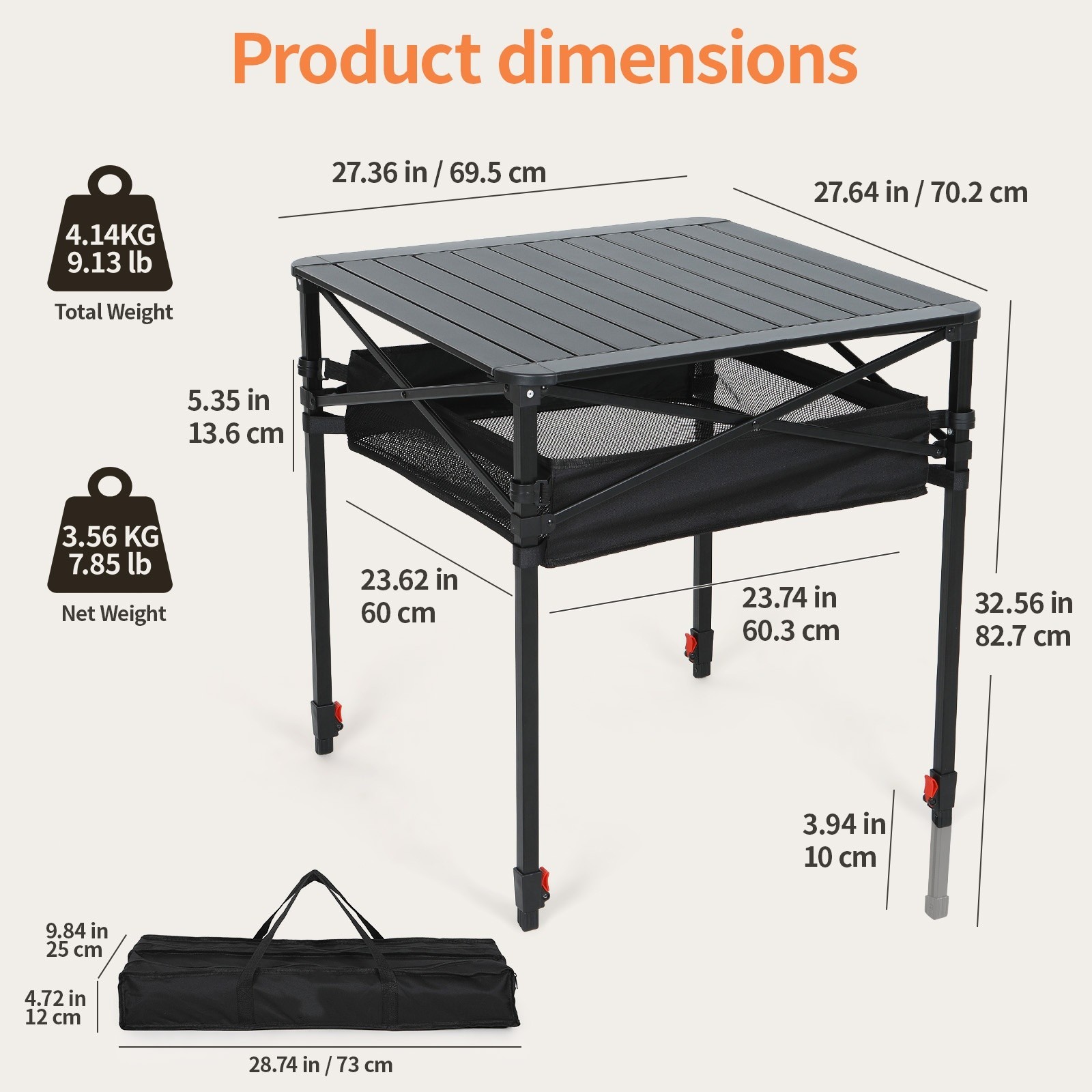 Portable Folding Camping Table with Adjustable Height Roll-Up Top & Carry Bag