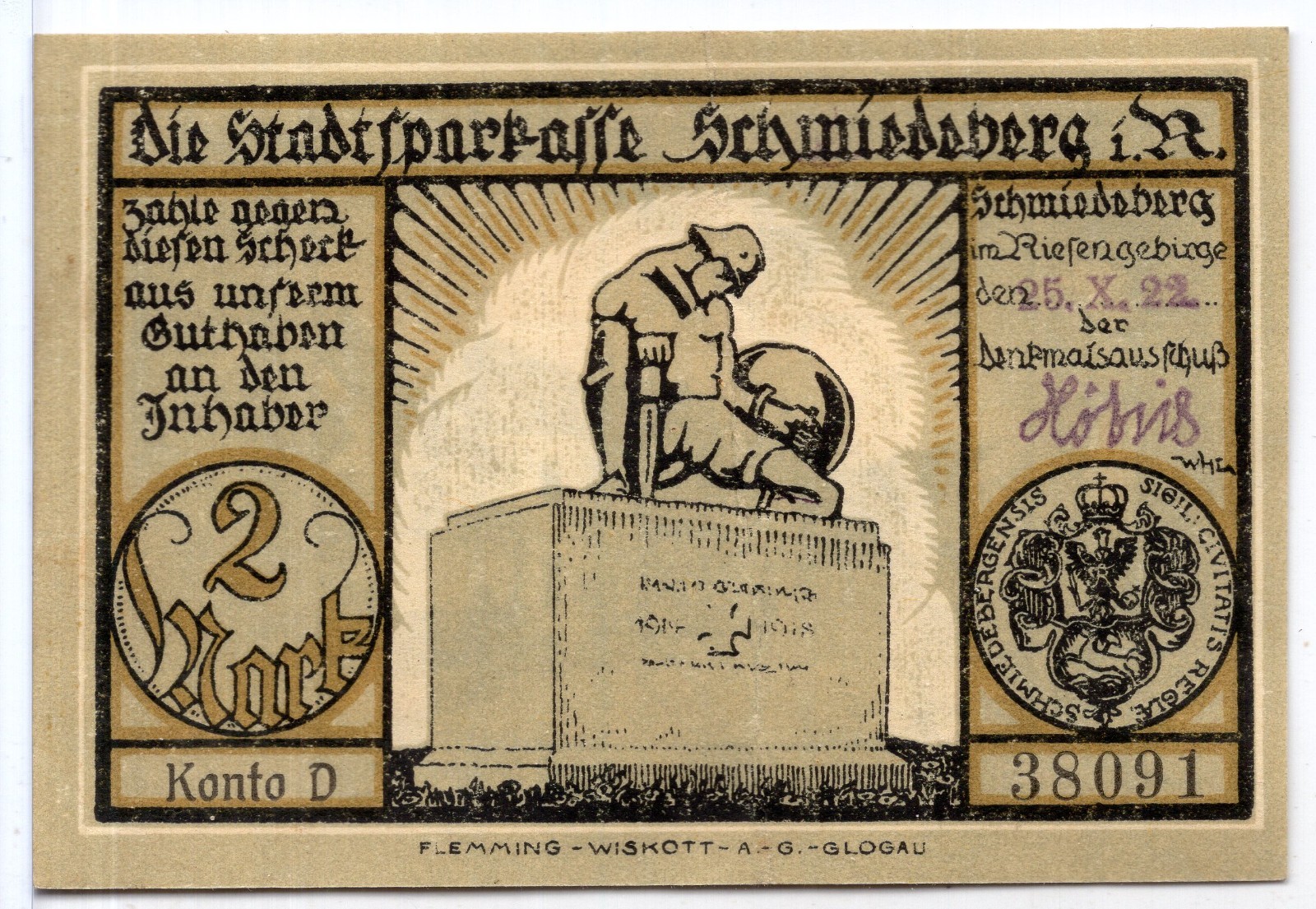 1922 Germany Schmiedeberg Notgeld 2 Mark Note (NG612)