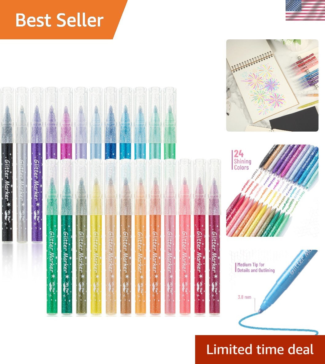 - Glitter Markers, 24 Pcs, Assorted Color, Medium Tip Glitter Markers for Kids a