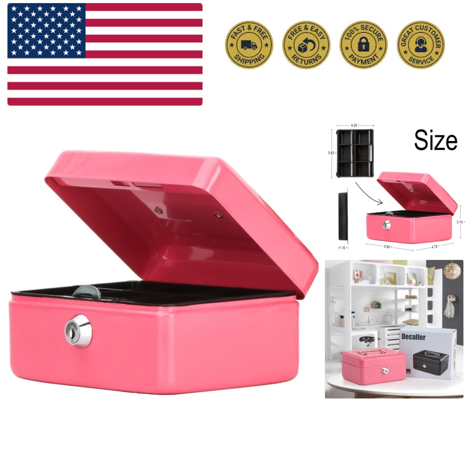 Small Cash Box with Key Lock, Double Layer Metal Money Box for Home Security,...