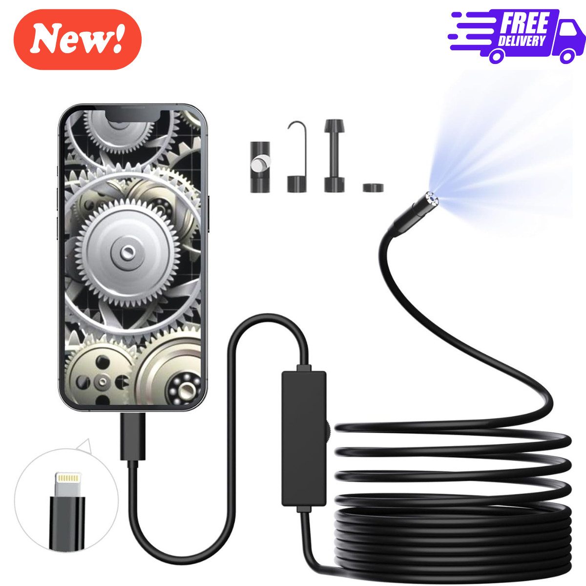 Endoscope Camera ,1920P HD Borescope with 8 Adjustable LED Lights,iOS System