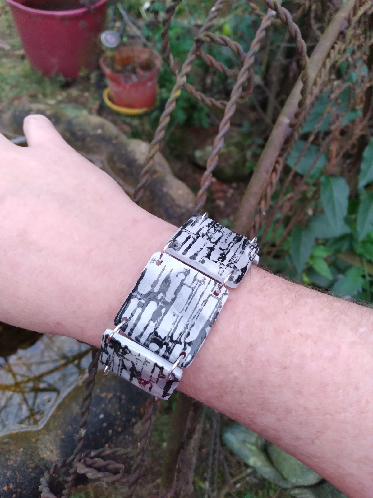 Handcrafted Reversible Polymer Clay Resin Silver Bracelet Black Gray White