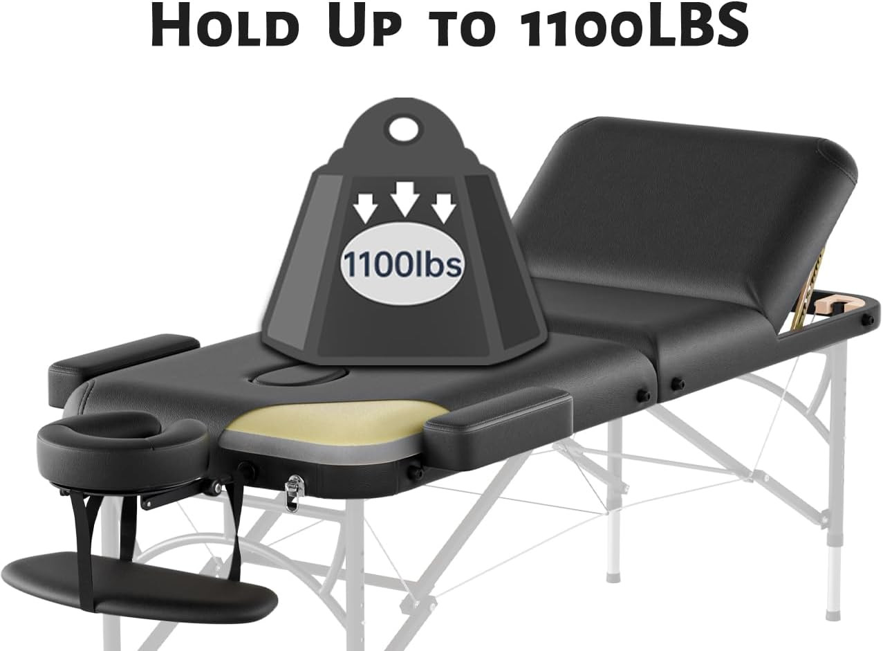 Professional Massage Table Portable 3 Fold Premium Memory Foam Aluminium Leg Hol
