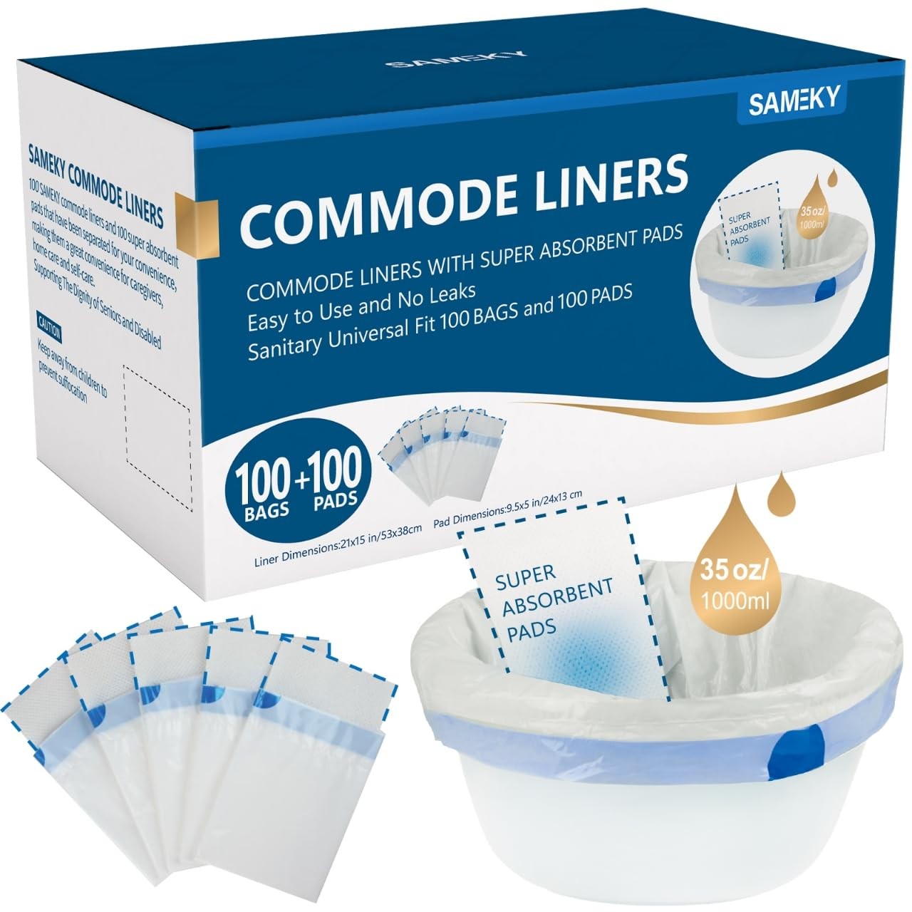 SAMEKY Commode Liners with Absorbent Pads | 1 Count (Pack of 100), White