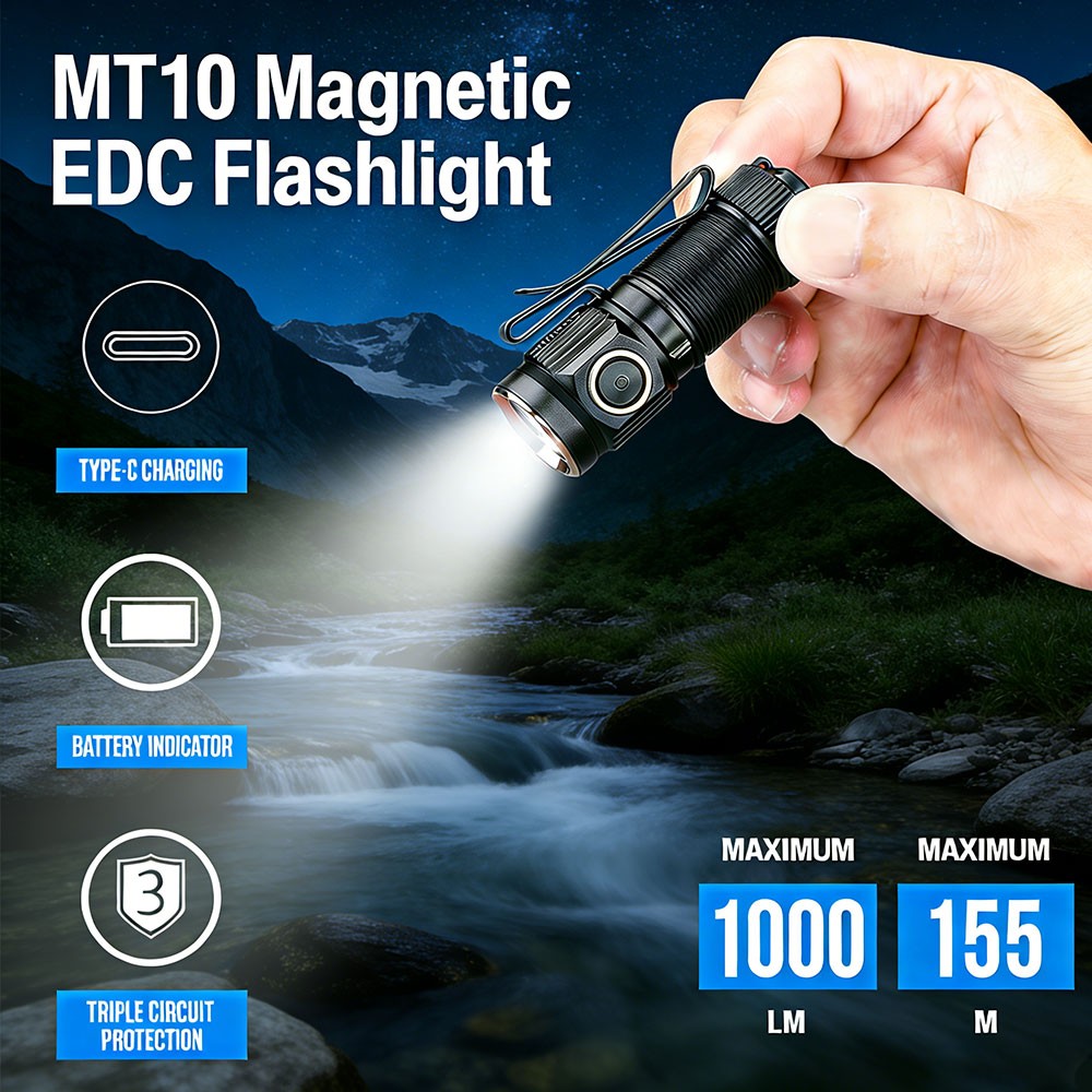 TrustFire MT10 1000 Lumen EDC Flashlight Magnetic Rechargeable LED Flashlight US