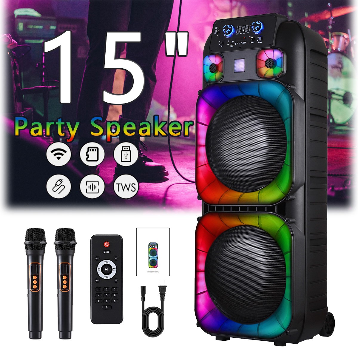 15,000W Dual 15" Bluetooth Speaker Subwoofer Heavy Bass Sound System Party & Mic