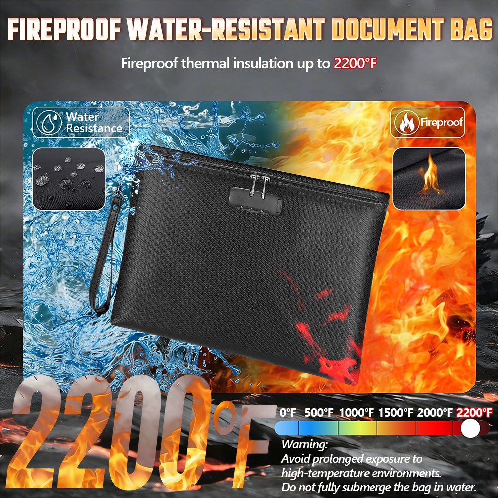 Fireproof Money Bag with Lock Waterproof Document Pouch Safe Storage Travel Case