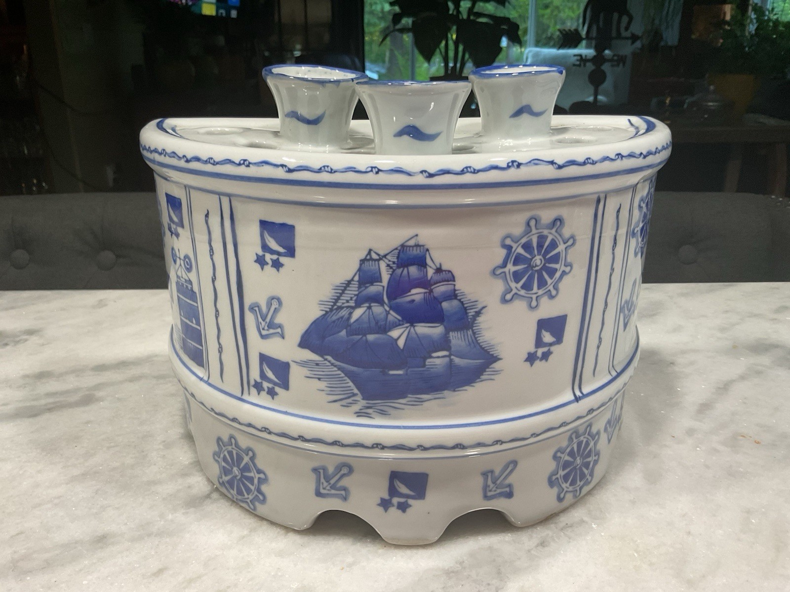 Seymour Mann Nautical Themed Bough Pot Or Flower Frog Tilipiere Blue/White