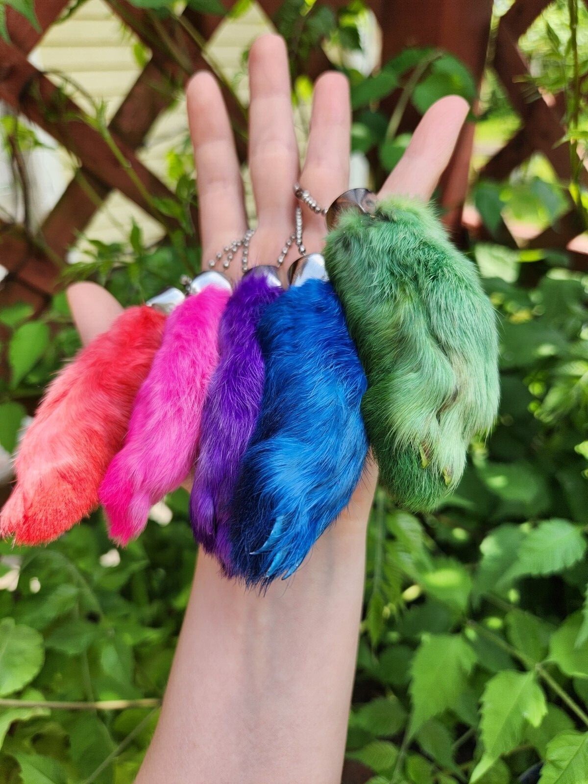 Lucky RABBITS FEET Real Rabbit Foot Keychains Key Chains red pink purple green