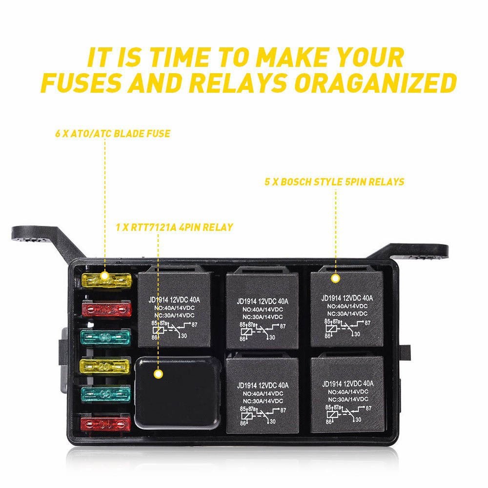 Universal Automotive Fuse Relay Holder 12-Slot Relay Box 6Relays 6 ATC/ATO Fuses