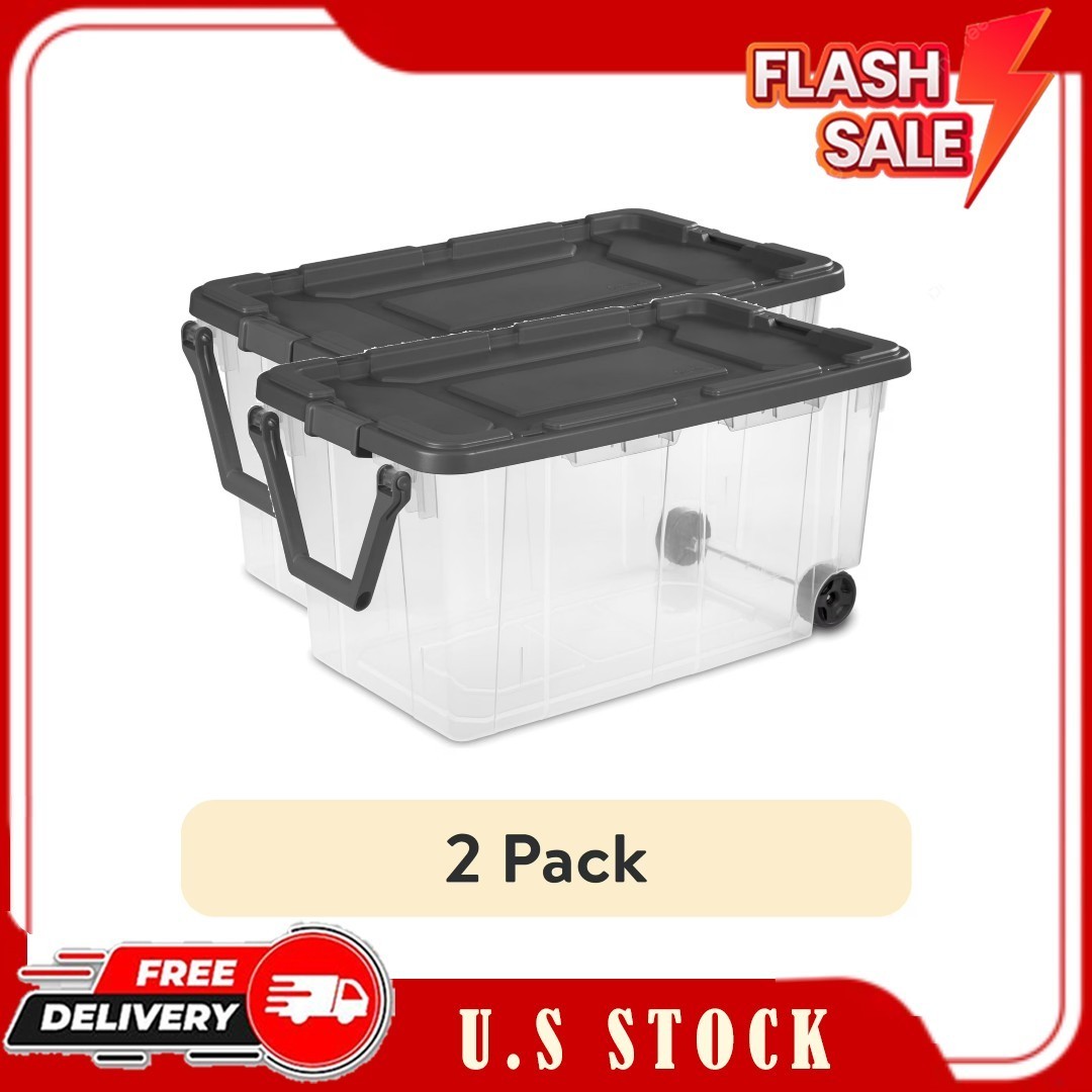 2 Pack Sterilite 160 Qt Wheeled Storage Bin Clear Tote w/ Latch Lid Gray