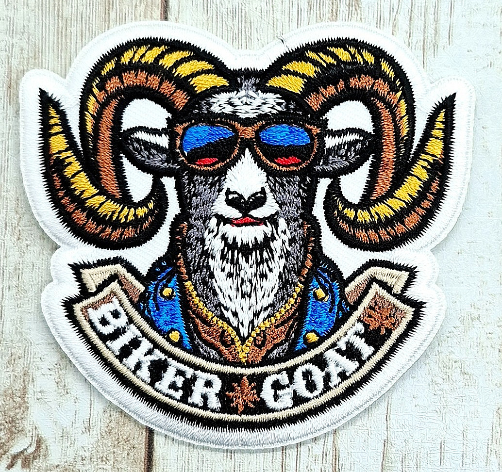 Biker Goat Iron On Embroidered Patch 3"x 2 7/8"