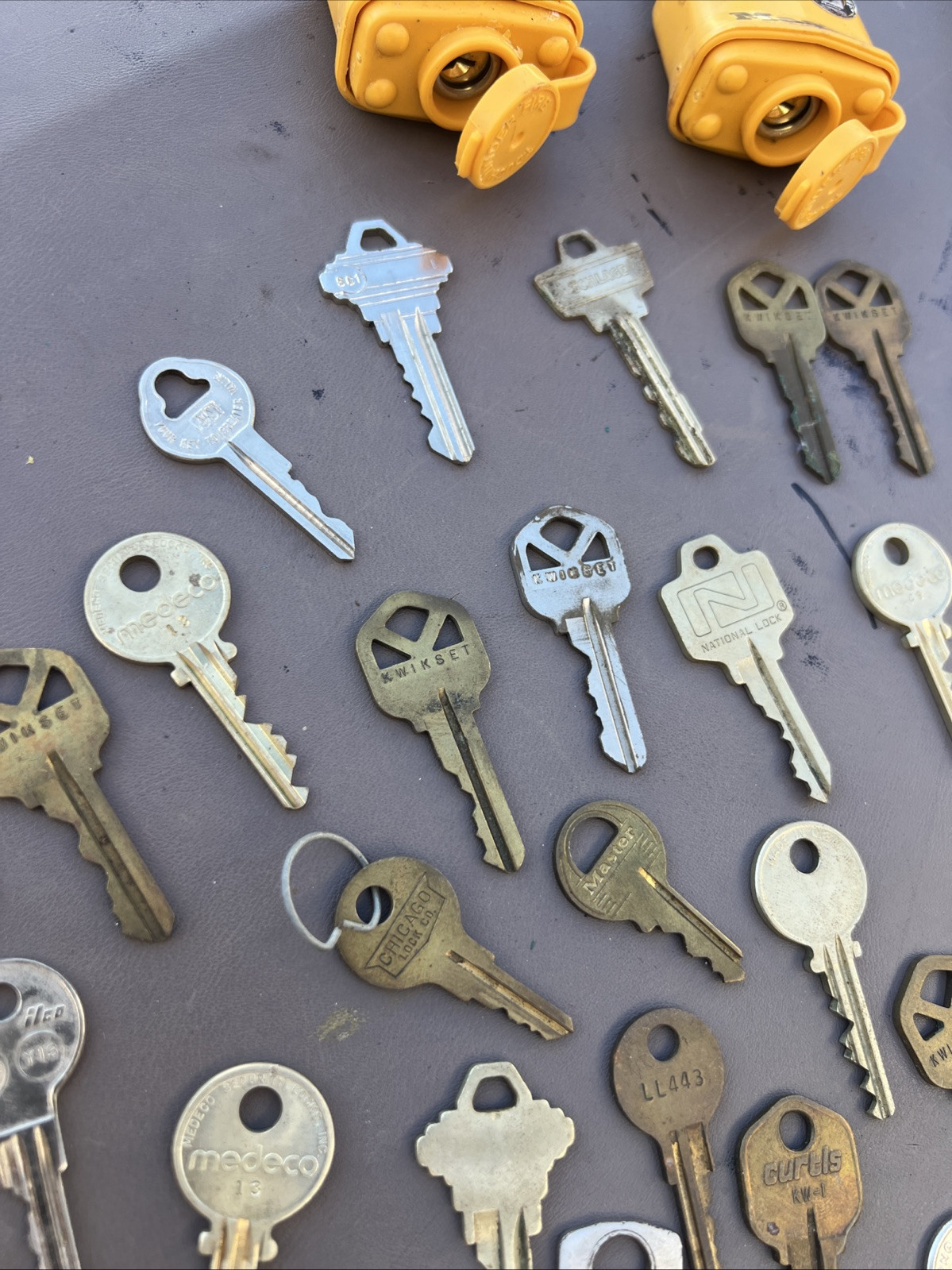 2 Master Lock Tough Under Fire Padlocks Yellow - No Keys - Plus Key Lot -Medeco