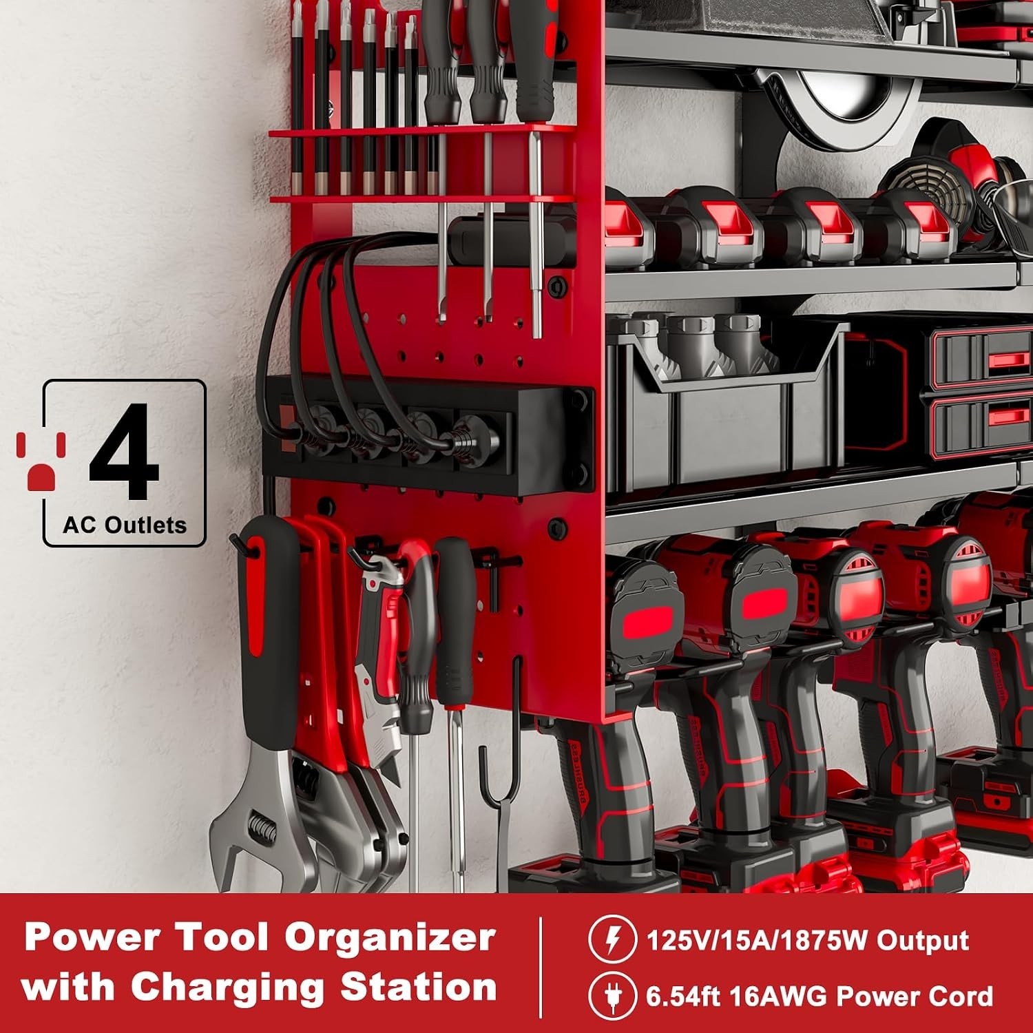 Sturdy Wall-Mounted Tool Rack with Pegboard Design & 4-Outlets for Power Tools