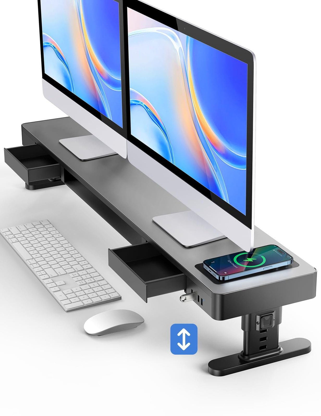 meatanty Dual Monitor Stand with 4 Adjustable Heights, Auto Phone Charging Pa...