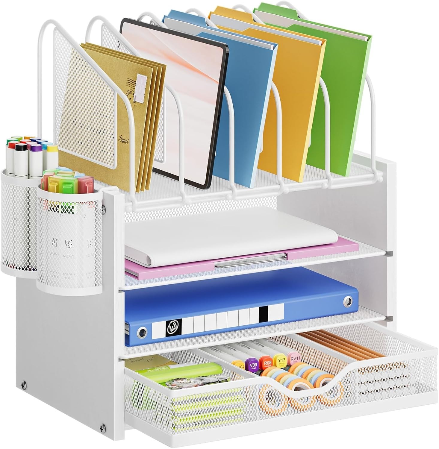 Desk organizer with Drawer, 4-Tier Wooden File Organizer with 5 Vertical File