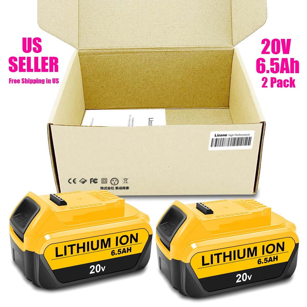 2 PACK 6.5Ah DCB206 For DeWalt 20V Max 6.0AH Lithium-Ion Battery DCB206-2 DCB205