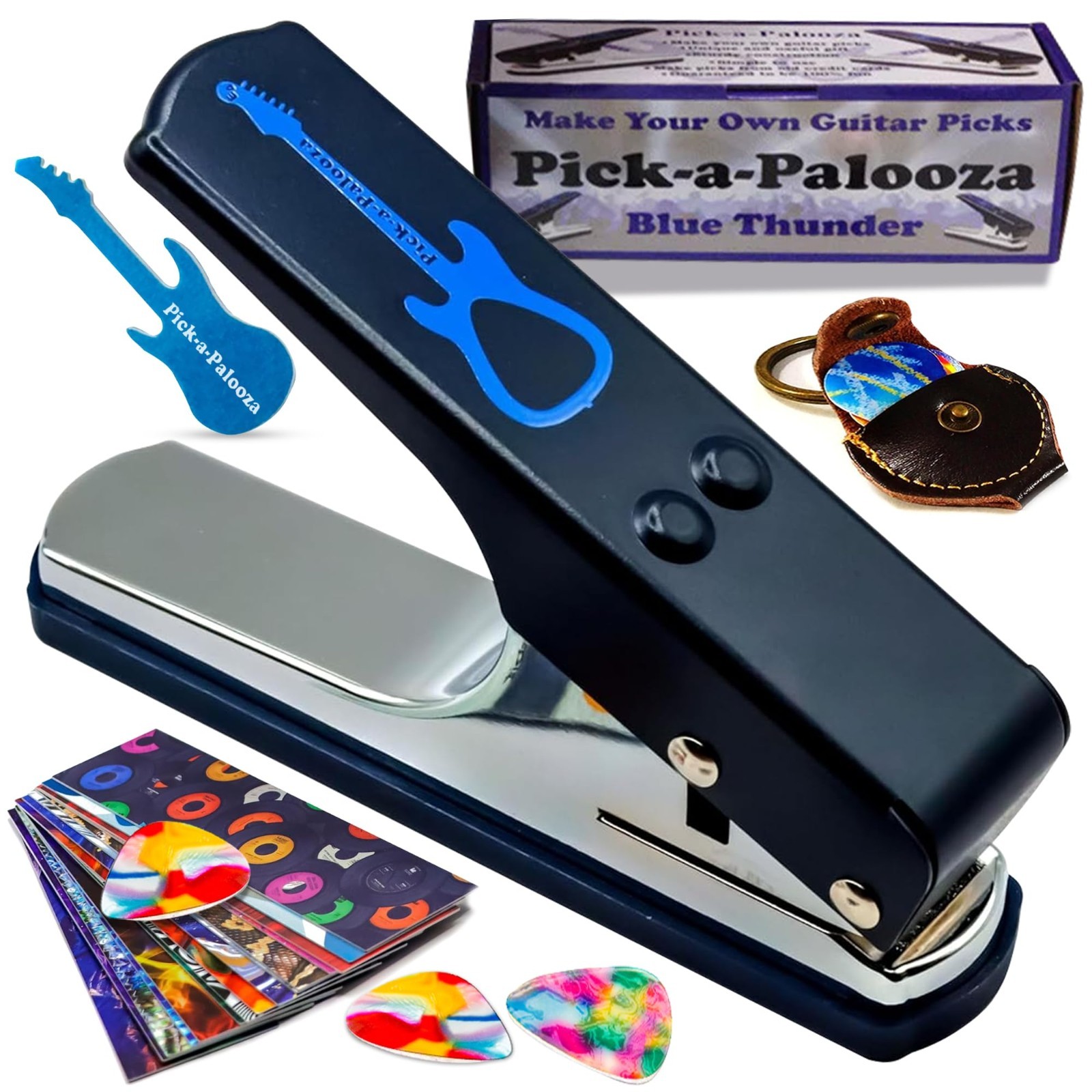 Guitar Pick Punch Maker Kit W/ 15 Strips Leather Keychain Holder Blue