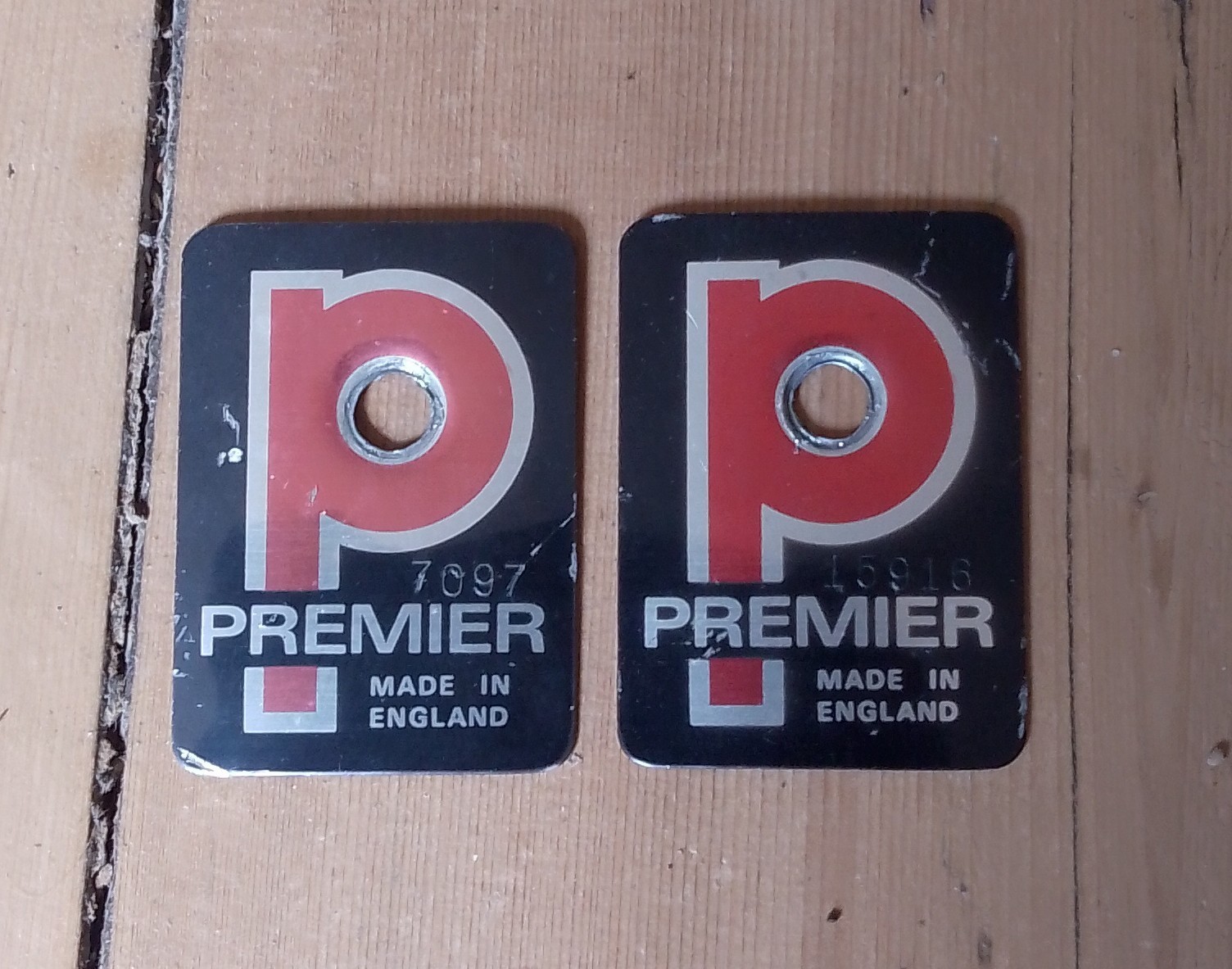 Vintage Premier drum badges x 2