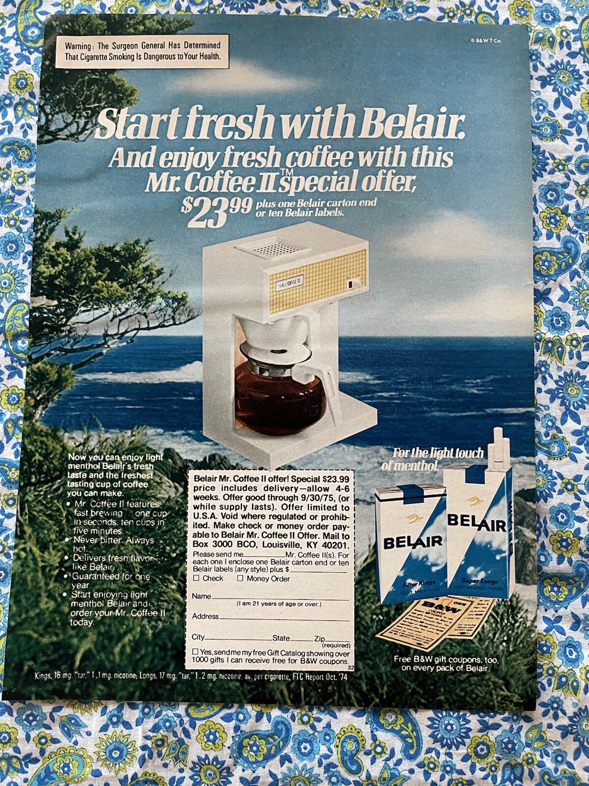 Vintage 1975 Belair Cigarettes Print Ad Mr. Coffee Maker Offer