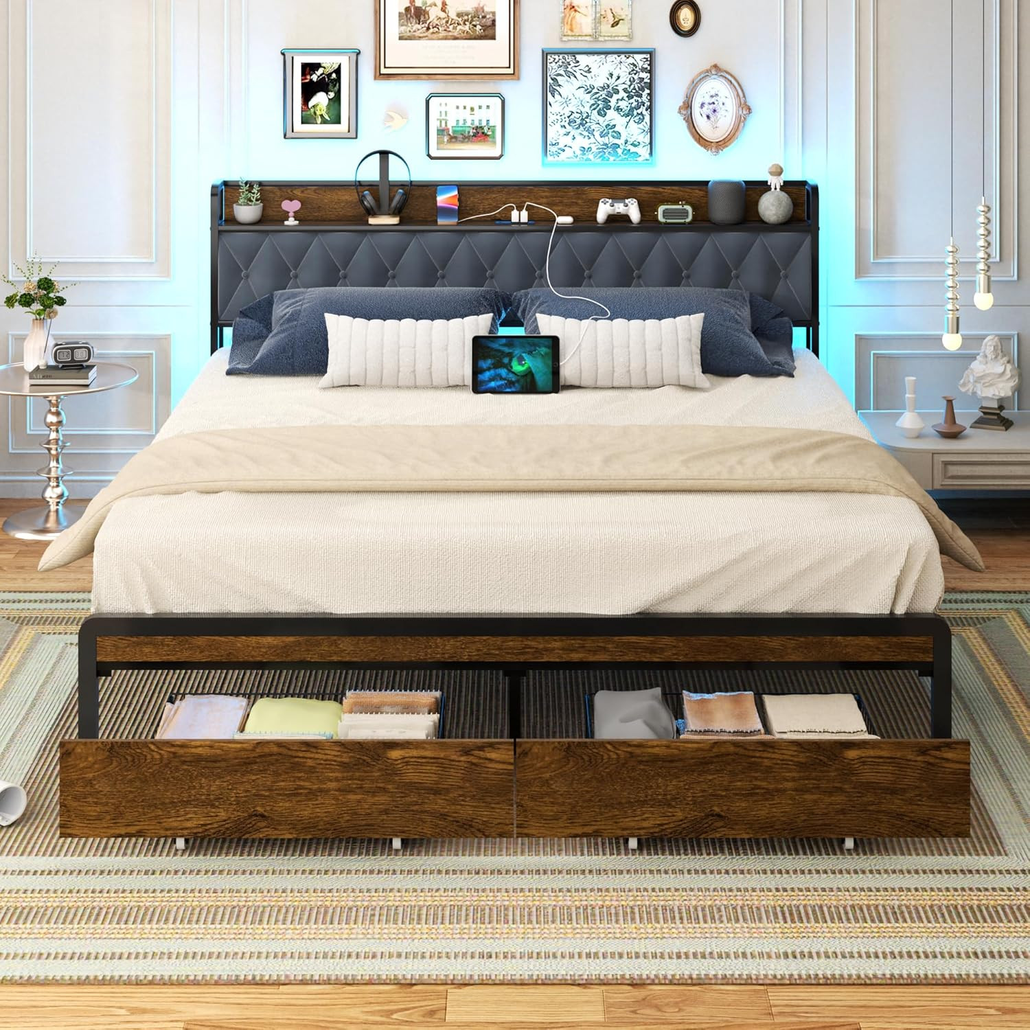 King Size Metal Bed Frame with Storage Drawers, LED Light & Charging Station