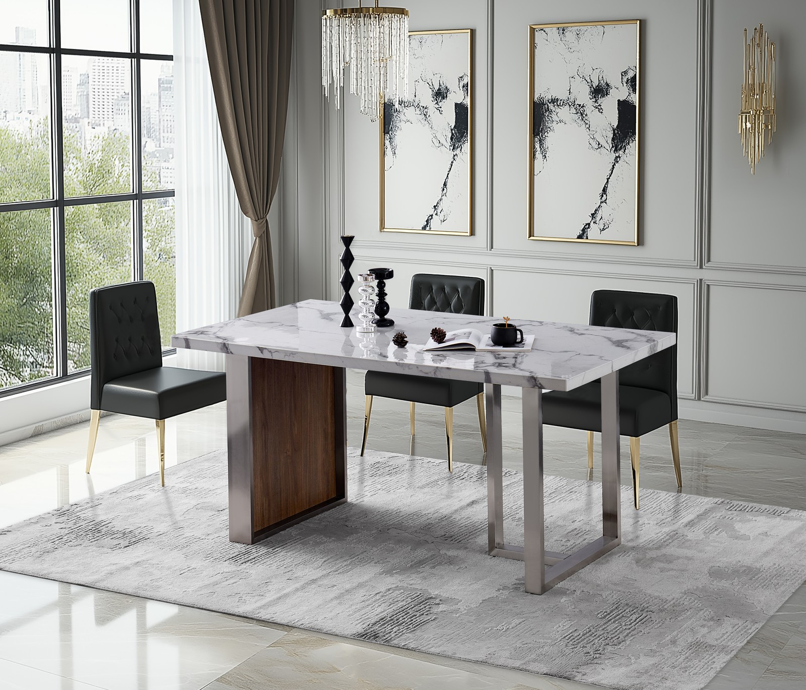 Elegant Luxurious Imitation Marble MDF Dinning Table for 6 or 8, Rectangular 6