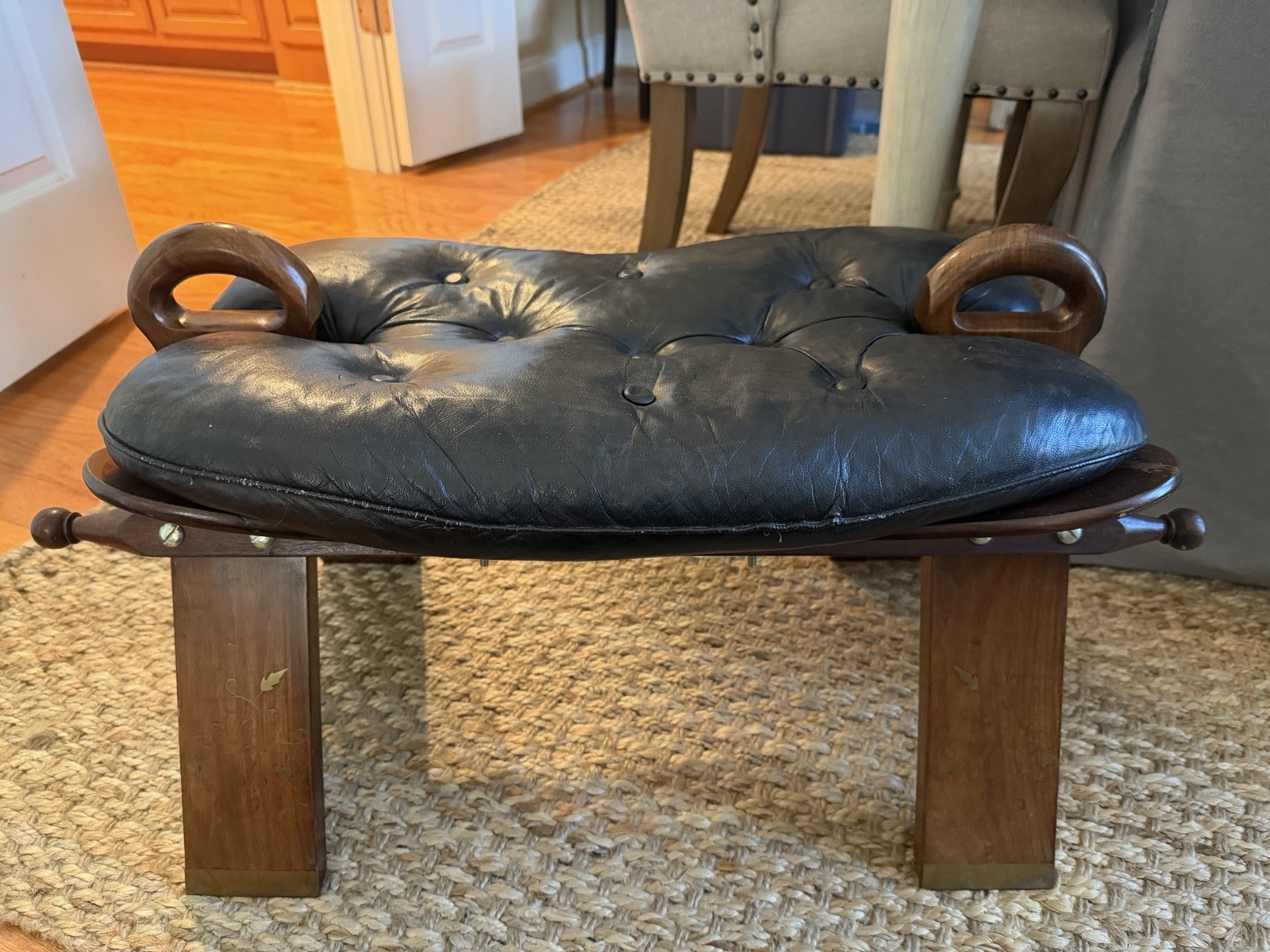 Vintage Camel Saddle Stool Ottoman Leather & Wood w/ Handles – Moroccan Style