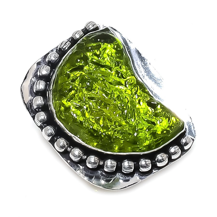 Moldavite Quartz Gemstone Handmade 925 Sterling Silver Jewelry Ring Size 8 u101