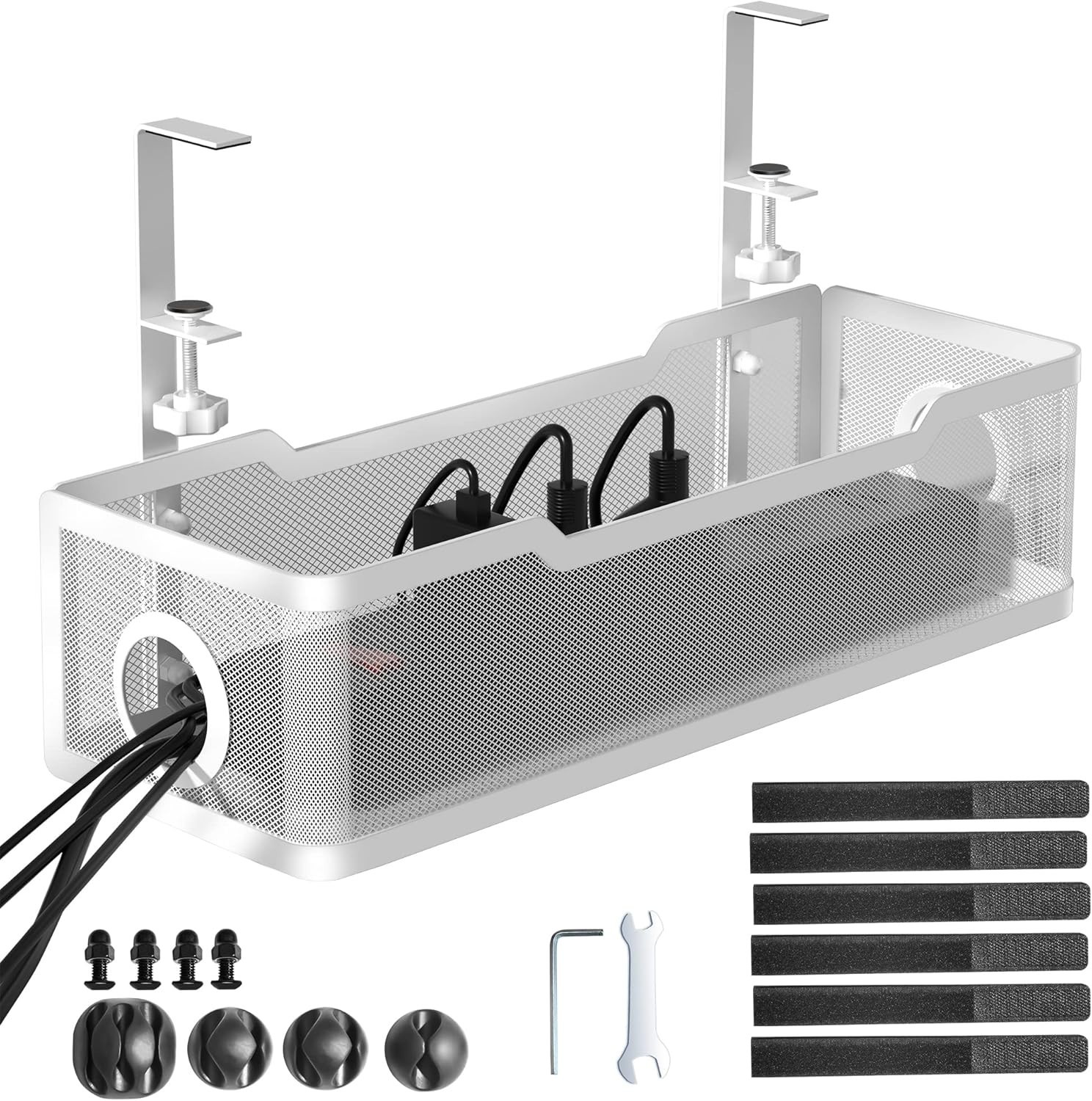 Under Desk Cable Management Tray White No Drill Clamp Wire Organizer for Office