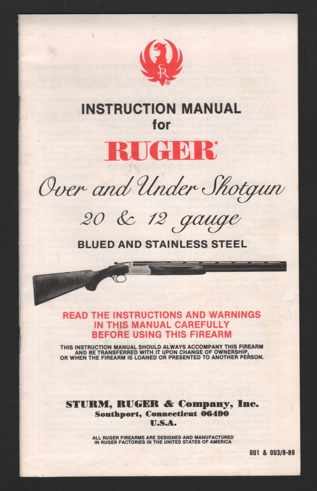 Ruger 20 and 12 Gauge Over and Under Shotgun - Instruction Manual, 1989