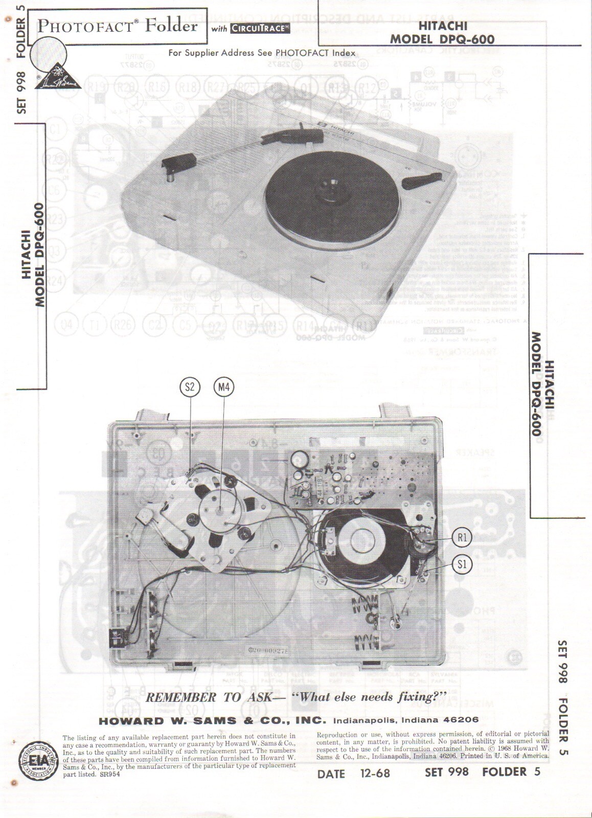 1968 HITACHI DPQ-600 RECORD PLAYER SERVICE MANUAL SCHEMATIC PHOTOFACT DIAGRAM
