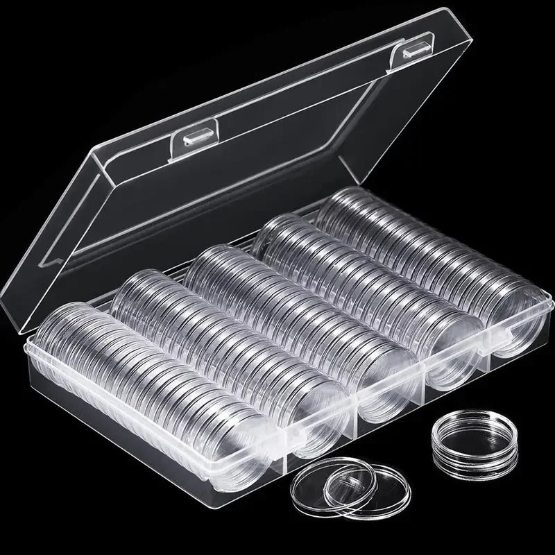 100PCS 30mm Silver Gold Coin Cases Capsules Holder Clear Plastic Round Storage