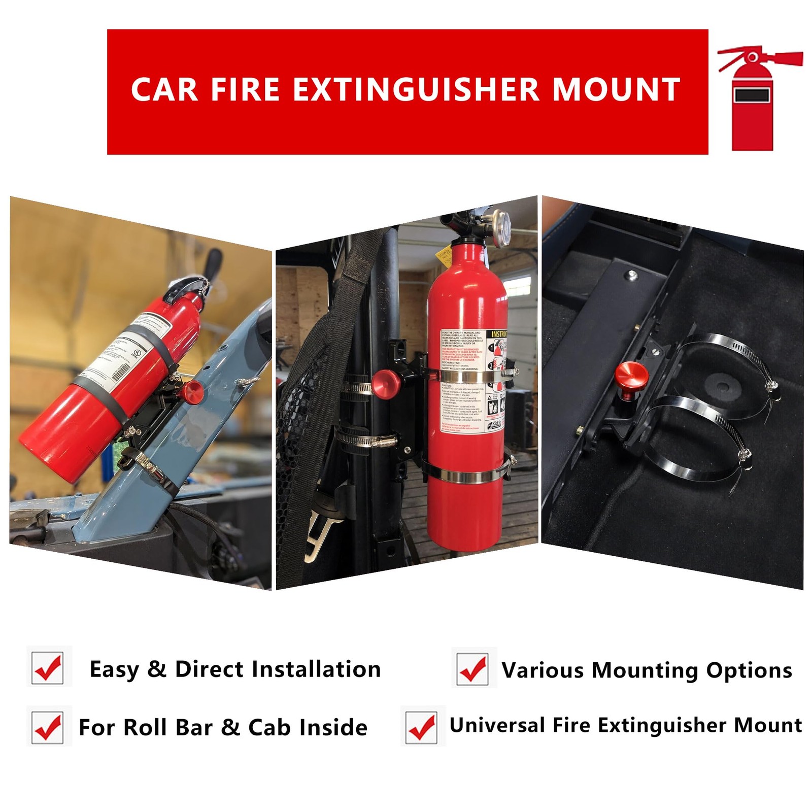Quick Release Fire Extinguisher Mount - Aluminum Adjustable UTV Roll Black