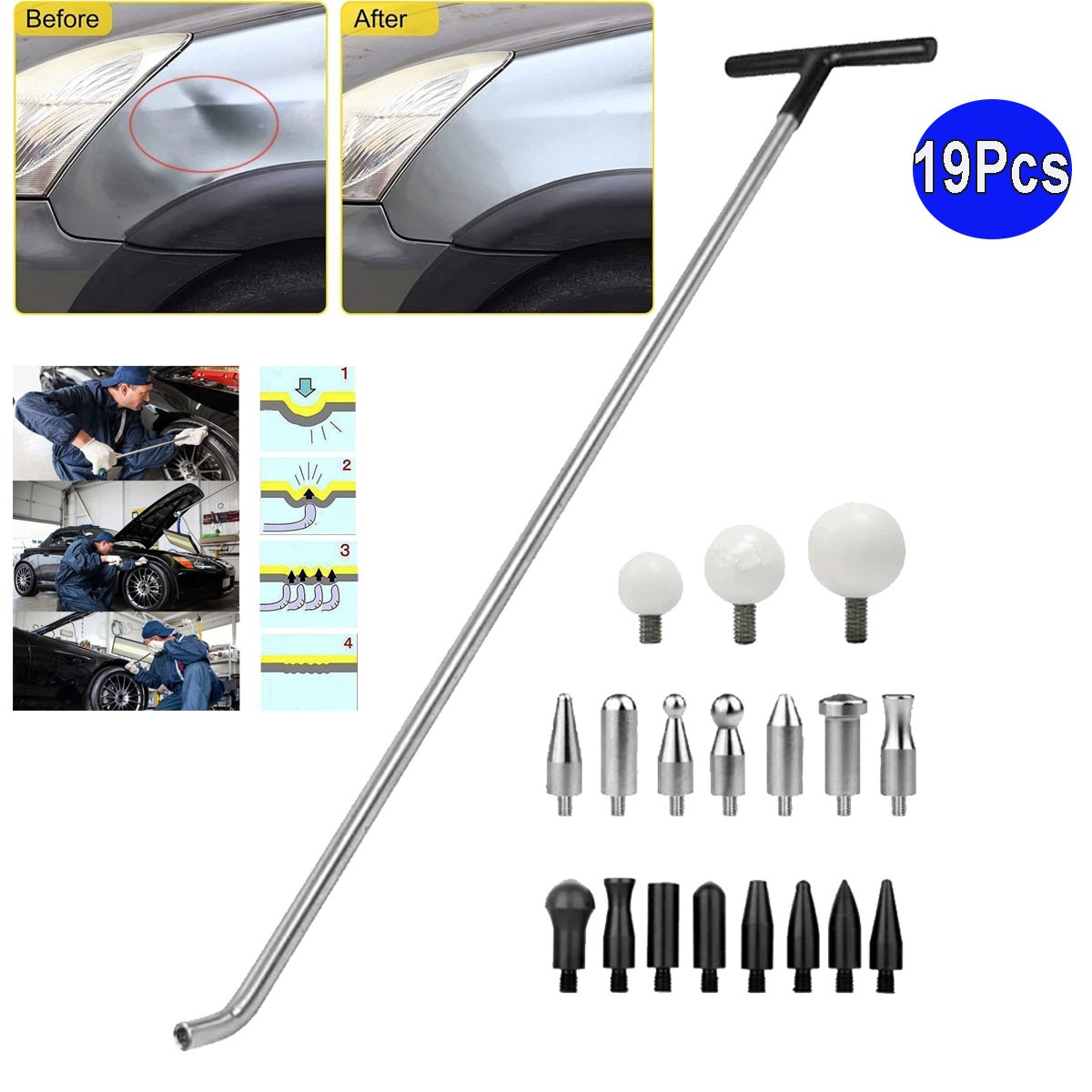 19PCS Paintless Car Body Dent Puller Repair Tool Rods Damage Remover Kit