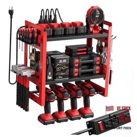 TOPRINCE Power Tool Organizer Wall Mount with Charging Station, 3-Tier red