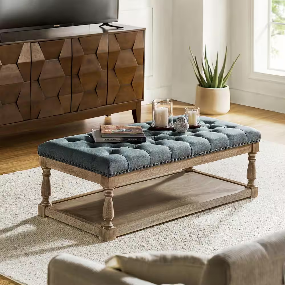 Jakob Blue Upholstered Storage Ottoman with Solid Wood Legs