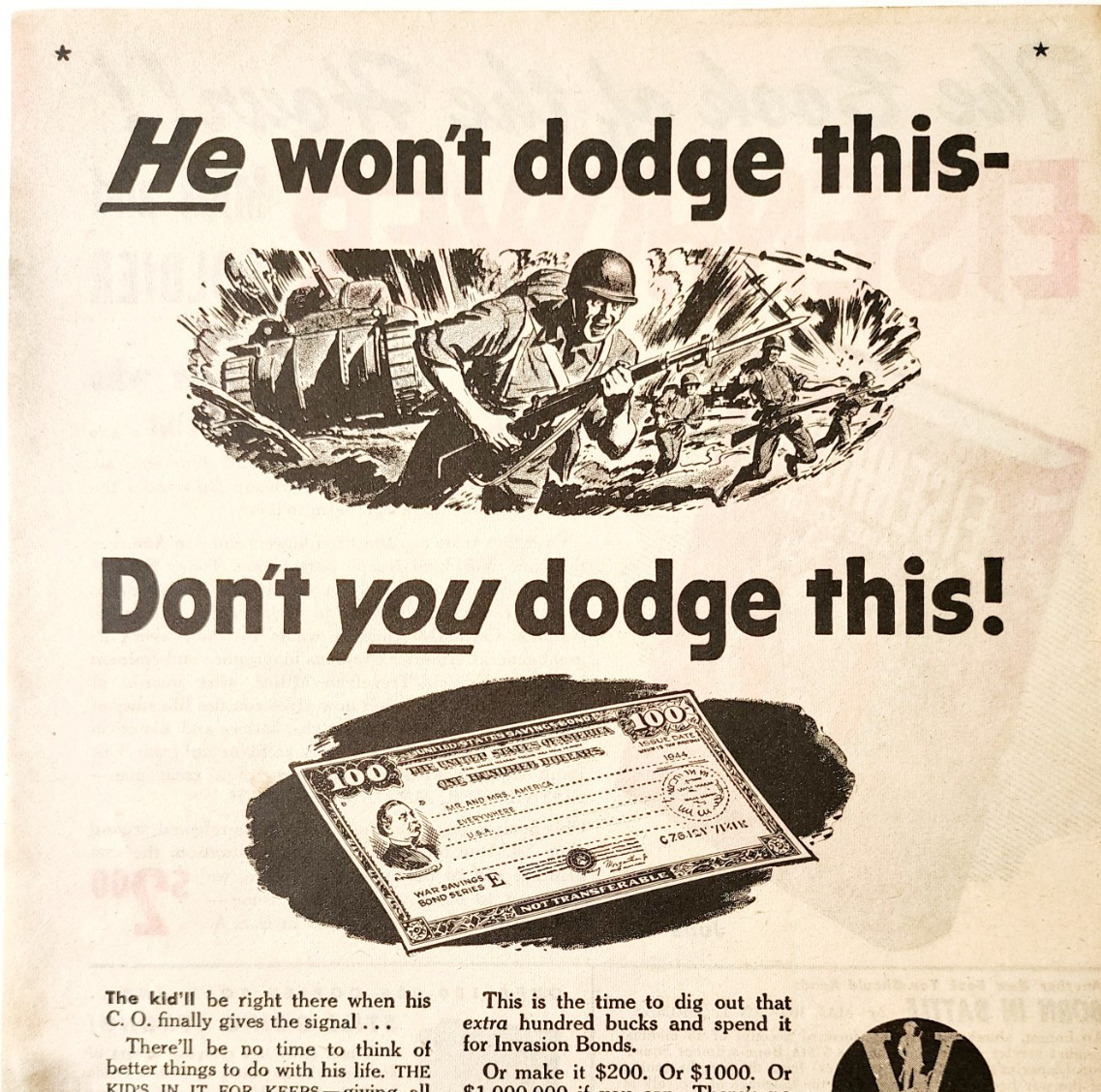 1944 5th War Loan Invasion Bonds Advertisement WW2 Era Military Funding DWP7B
