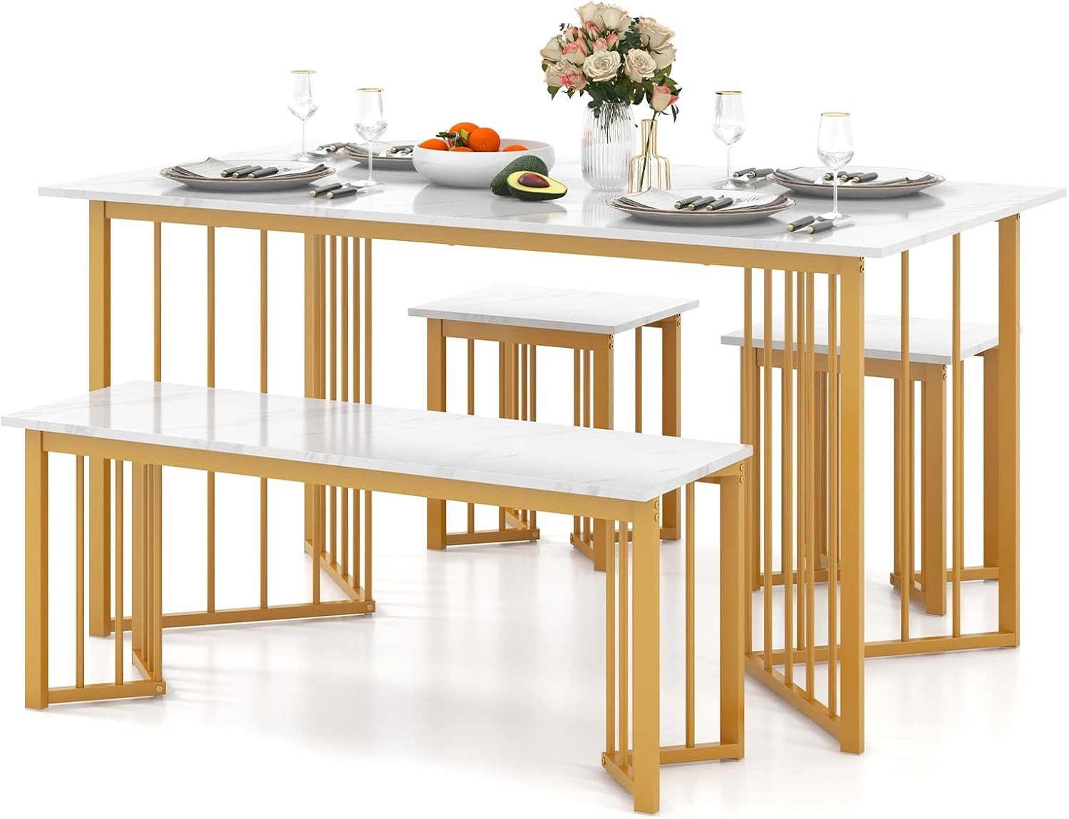 4-Piece Dining Table Set 4 Kitchen Table Chairs Set W/ Bench & 2 Stools