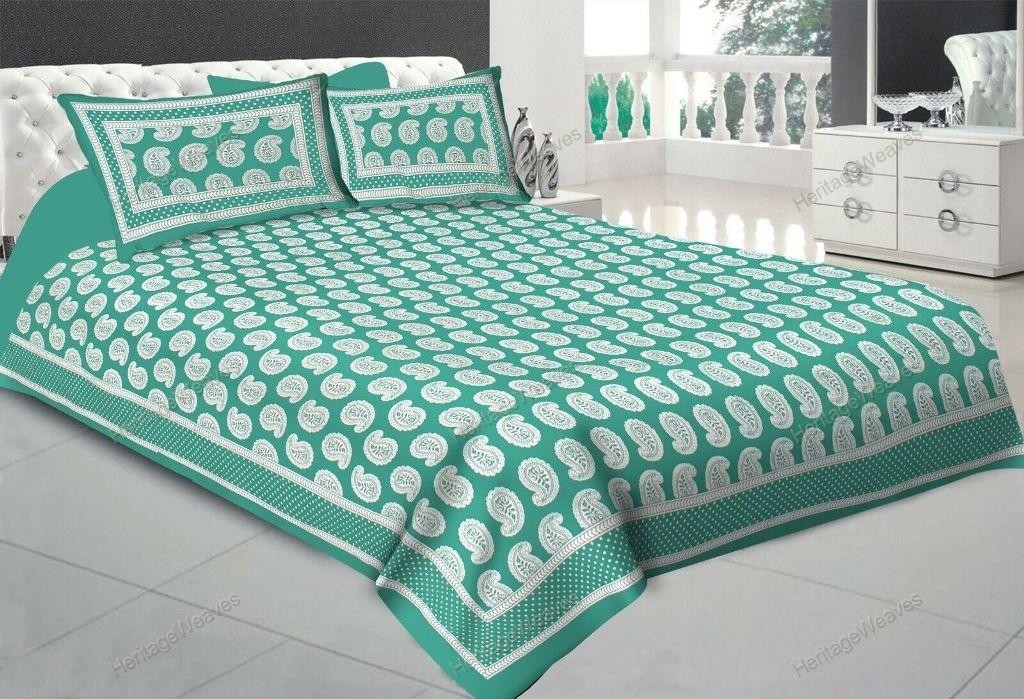 Sanganeri Jaipuri Printed Cotton Double Bed Sheet With 2 Pillow Cover 90x108